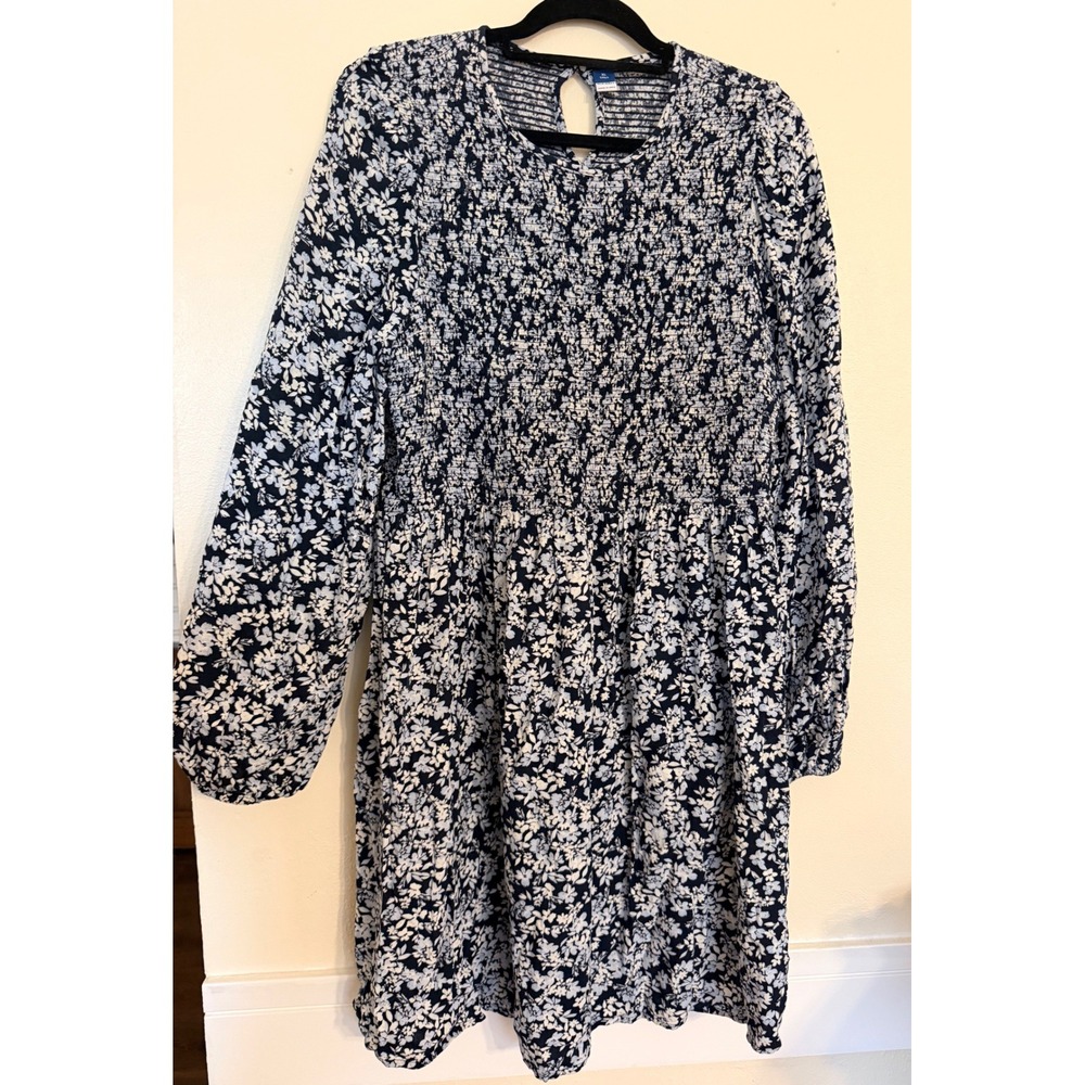 Old Navy Womens Floral Smocked Mini Dress XL Tall Navy Blue Long Sleeve Cottage